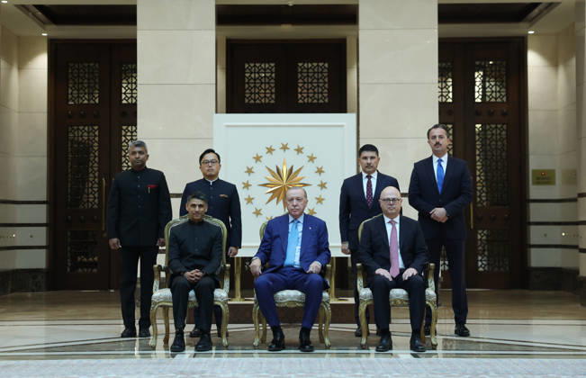 Turkish President Recep Tayyip Erdogan ANKARA, TURKIYE - OCTOBER 13: (----EDITORIAL USE ONLY - MANDATORY CREDIT - TURKISH PRESIDENCY MURAT KULA HANDOUT - NO MARKETING NO ADVERTISING CAMPAIGNS - DISTRIBUTED AS A SERVICE TO CLIENTS----) Indian Ambassador to Turkiye, Rudra Gaurav Shresth and Turkish President Recep Tayyip Erdogan pose for a photo after he presents the letter of credence at the Presidential Complex, in Ankara, Turkiye on October 13, 2026. TUR Presidency Murat Kula Anadolu Ankara Turkey. Editorial use only. Please get in touch for any other usage.  Copyright: x2026xAnadoluxTURxPresidency MuratxKulax