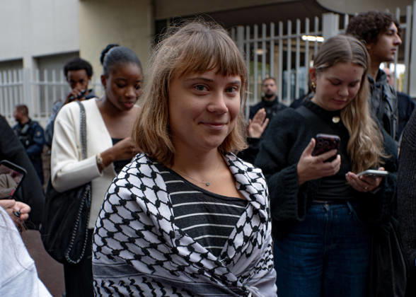 October 13, 2026, Saint-Denis, France: The renowned Swedish environmental activist GRETA THUNBERG visited Paul-Eluard High School in Saint-Denis this morning to offer her direct support to the protesting students. The High School in Saint-Denis is at the center of the news as part of the fifth round of national student protests. She denounced police violence against the young demonstrators. Saint-Denis Fra - ZUMAs287 20261013_zip_s287_011 Copyright: xSadakxSouicix