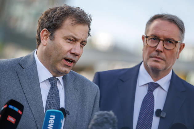 Alexander Schweitzer (SPD), Federal Minister of Labor and Social Affairs-designate, and Lars Klingbeil (SPD), Federal Minister of Finance, during a press statement; Alexander Schweitzer (SPD), Federal Minister of Labor and Social Affairs-designate, and Lars Klingbeil (SPD), Federal Minister of Finance, during a press statement in front of the Bundestag on Oc
