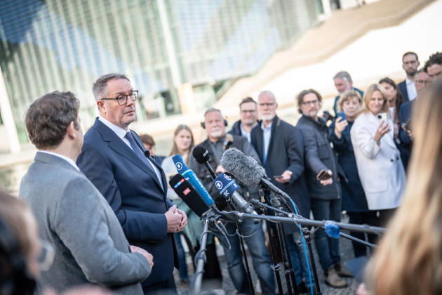 Lars Klingbeil, SPD Party Chairman and Federal Minister of Finance, and Alexander Schweitzer, Federal Minister of Labor-designate, at Friedrich-Ebert-Platz in front of the Bundestag building; introduction of the new Federal Minister of Labor on the day of his swearing-in by the SPD Party Chairman, Berlin, Germany, Friedrich-Ebert-Platz