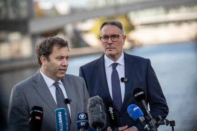 Lars Klingbeil, SPD Party Chairman and Federal Minister of Finance, and Alexander Schweitzer, Federal Minister of Labor-designate, at Friedrich-Ebert-Platz in front of the Bundestag building; introduction of the new Federal Minister of Labor on the day of his swearing-in by the SPD Party Chairman, Berlin, Berlin, Germany, Friedrich-Ebert-Platz