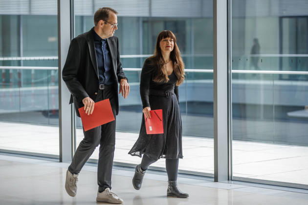 Statement by Die Linke: Heidi Reichinnek and Soeren Pellmann at a Die Linke press conference on October 13, 2026, in Berlin, Berlin, Berlin, Germany, Reichstag