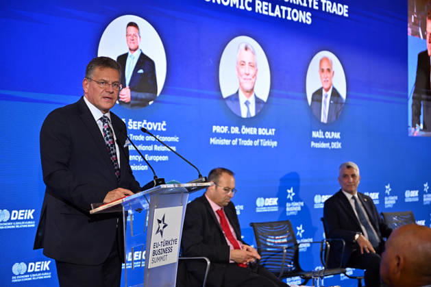 European Commission Member for Trade and Economic Security Maros Sefcovic BRUSSELS, BELGIUM - OCTOBER 13: European Commission Member for Trade and Economic Security Maros Sefcovic speaks at the EU-Turkiye Business Summit at the Egmont Palace in Brussels, Belgium on October 13, 2026. Dursun Aydemir Anadolu Brussels Belgium. Editorial use only. Please get in touch for any other usage.  Copyright: x2026xAnadoluxDursunxAydemirx