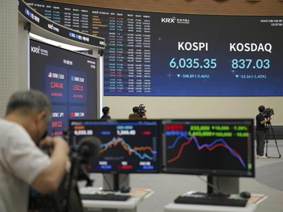 South Korea Stocks Plunge As KOSPI Drops Sharply At KRX In Seoul Media personnel and monitors in the Korea Exchange (KRX) trading hall display market data in Yeouido, Seoul, South Korea, on October 13, 2026. The KOSPI index dropped to 6,035.35, down 348.89 points (-5.46%), alongside the KRW USD exchange rate shown on side screens. Seoul Seoul South Korea  Copyright: xChrisxJungx originalFilename: jung-southkor261013_npM0y.jpg