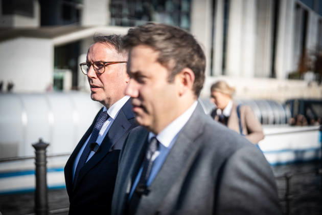 Lars Klingbeil, SPD Party Chairman and Federal Minister of Finance, and Alexander Schweitzer, Federal Minister of Labor-designate, at Friedrich-Ebert-Platz in front of the Bundestag building; introduction of the new Federal Minister of Labor on the day of his swearing-in by the SPD Party Chairman, Berlin, Berlin, Germany, Friedrich-Ebert-Platz
