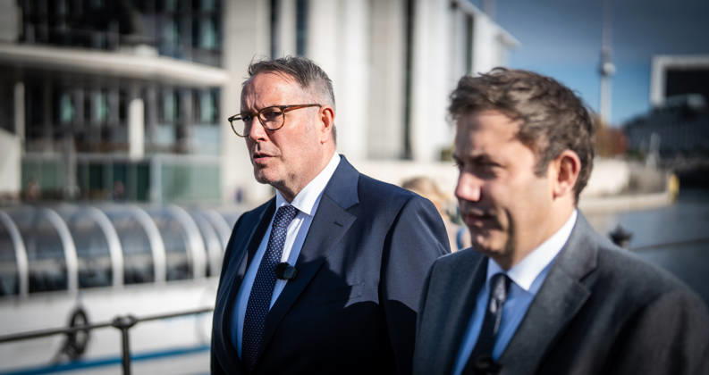 Lars Klingbeil, SPD Party Chairman and Federal Minister of Finance, and Alexander Schweitzer, Federal Minister of Labor-designate, at Friedrich-Ebert-Platz in front of the Bundestag building; introduction of the new Federal Minister of Labor on the day of his swearing-in by the SPD Party Chairman, Berlin, Germany, Friedrich-Ebert-Platz