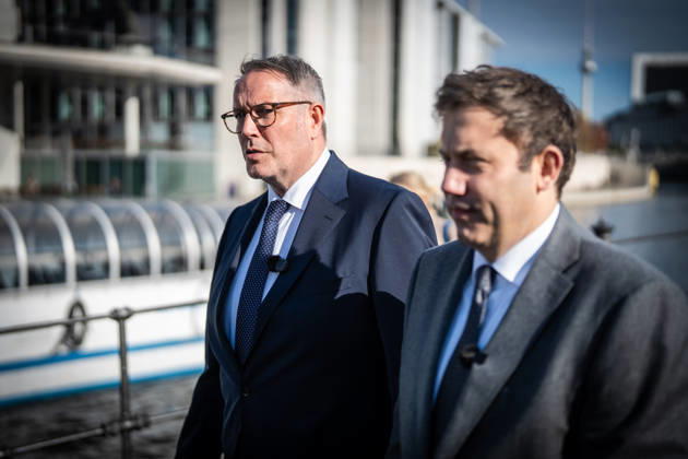 Lars Klingbeil, SPD Party Chairman and Federal Minister of Finance, and Alexander Schweitzer, Federal Minister of Labor-designate, at Friedrich-Ebert-Platz in front of the Bundestag building; introduction of the new Federal Minister of Labor on the day of his swearing-in by the SPD Party Chairman, Berlin, Germany, Friedrich-Ebert-Platz