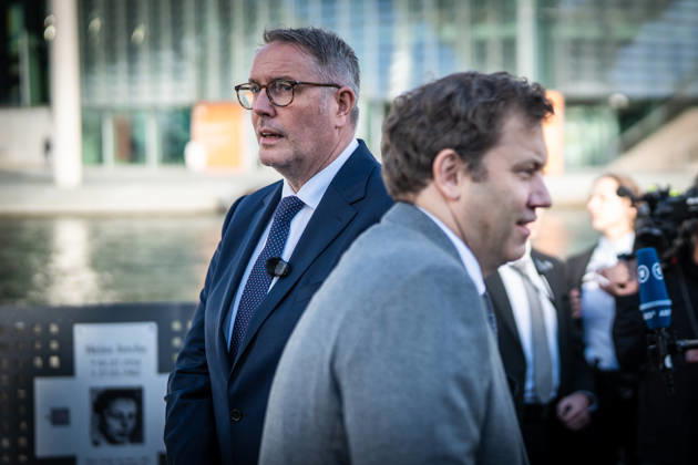 Lars Klingbeil, SPD Party Chairman and Federal Minister of Finance, and Alexander Schweitzer, Federal Minister of Labor-designate, at Friedrich-Ebert-Platz in front of the Bundestag building; introduction of the new Federal Minister of Labor on the day of his swearing-in by the SPD Party Chairman, Berlin, Berlin, Germany, Friedrich-Ebert-Platz