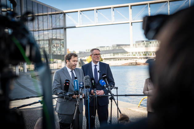 Lars Klingbeil, SPD Party Chairman and Federal Minister of Finance, and Alexander Schweitzer, Federal Minister of Labor-designate, at Friedrich-Ebert-Platz in front of the Bundestag building; introduction of the new Federal Minister of Labor on the day of his swearing-in by the SPD Party Chairman, Berlin, Berlin, Germany, Friedrich-Ebert-Platz