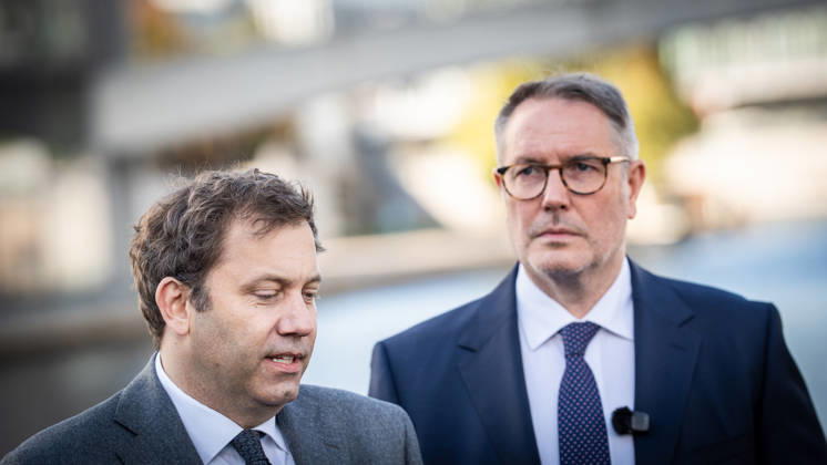 Lars Klingbeil, SPD Party Chairman and Federal Minister of Finance, and Alexander Schweitzer, Federal Minister of Labor-designate, at Friedrich-Ebert-Platz in front of the Bundestag building; introduction of the new Federal Minister of Labor on the day of his swearing-in by the SPD Party Chairman, Berlin, Berlin, Germany, Friedrich-Ebert-Platz