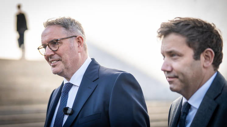 Lars Klingbeil, SPD Party Chairman and Federal Minister of Finance, and Alexander Schweitzer, Federal Minister of Labor-designate, at Friedrich-Ebert-Platz in front of the Bundestag building; introduction of the new Federal Minister of Labor on the day of his swearing-in by the SPD Party Chairman, Berlin, Berlin, Germany, Friedrich-Ebert-Platz