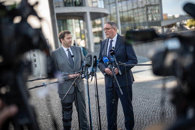 Lars Klingbeil, SPD Party Chairman and Federal Minister of Finance, and Alexander Schweitzer, Federal Minister of Labor-designate, at Friedrich-Ebert-Platz in front of the Bundestag building; introduction of the new Federal Minister of Labor on the day of his swearing-in by the SPD Party Chairman, Berlin, Berlin, Germany, Friedrich-Ebert-Platz