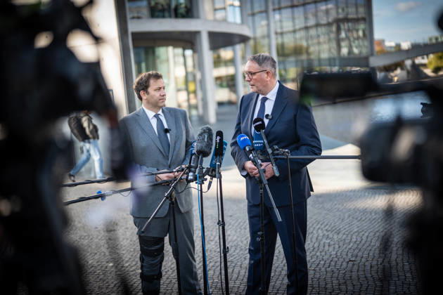 Lars Klingbeil, SPD Party Chairman and Federal Minister of Finance, and Alexander Schweitzer, Federal Minister of Labor-designate, at Friedrich-Ebert-Platz in front of the Bundestag building; introduction of the new Federal Minister of Labor on the day of his swearing-in by the SPD Party Chairman, Berlin, Germany, Friedrich-Ebert-Platz