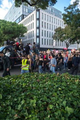 High School Stdent Mobilisation - Bordeaux High school students march around a vehicle as spectators watch from the windows of a building during Act V of the high school student mobilisation in Bordeaux, France on October 13, 2026, protesting against education reforms. Photo by Fabrice Sapte ABACAPRESS.COM Bordeaux France Copyright: xSaptexFabrice ABACAx