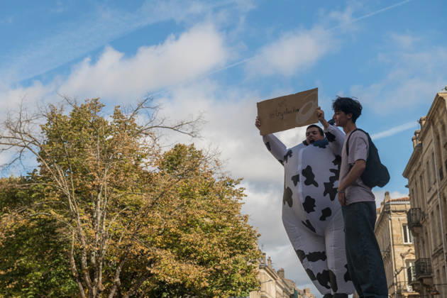 High School Stdent Mobilisation - Bordeaux A protester wearing a cow costume holds up a placard beside another participant during Act V of the high school student mobilisation in Bordeaux, France on October 13, 2026, protesting against education reforms. Photo by Fabrice Sapte ABACAPRESS.COM Bordeaux France Copyright: xSaptexFabrice ABACAx