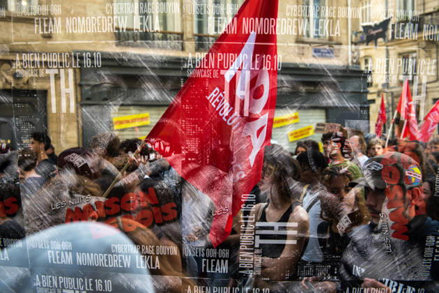 High School Stdent Mobilisation - Bordeaux A double exposure image combines the protest march and concert posters during Act V of the high school student mobilisation in Bordeaux, France on October 13, 2026. Photo by Fabrice Sapte ABACAPRESS.COM Bordeaux France  Copyright: xSaptexFabrice ABACAx