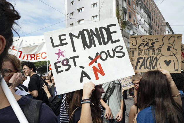 High School Student Mobilisation - Toulouse A placard in the procession -The world belongs to us. Act V of the secondary school and university students protests. Young people and the world of work are continuing their joint mobilisation and demands for adequate resources for education, better study conditions, an end to student precariousness, and access to housing. France, Toulouse, 13 October 2026. Photo by Patricia Huchot-Boissier AbacaPress.com. TOULOUSE OCCITANIE France  Copyright: xHuchot-BoissierxPatricia ABACAx