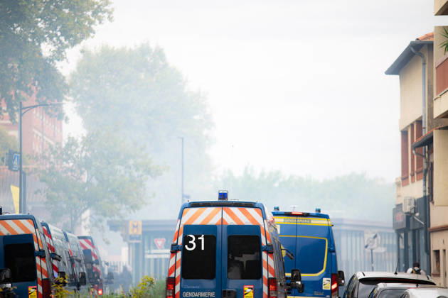 Student Protesters Clash With CRS In Toulouse - France Gendarmerie vehicles are seen amid a cloud of tear gas during a student protest in Toulouse, France on October 13, 2026. Photo by Nathan Barange ABACAPRESS.COM Toulouse HAUTE-GARONNE France  Copyright: xBarangexNathan ABACAx