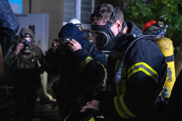 RECORD DATE NOT STATED Rescuers work at the site of a Russian missile strike on a nine-story residential building in Kyiv’s Desnianskyi district, Ukraine, on October 14, 2026. Russia launched a massive ballistic missile attack on the capital. Three women were killed and 19 people were injured in the Desnianskyi district, including a seven-year-old girl. Apartments on the first through eighth floors of the building were also damaged (Photo by Danylo Antoniuk Ukrinform) Ballistic missile strikes next to nine-story residential building in Desnianskyi district of Kyiv  Copyright: xDanyloxAntoniukx