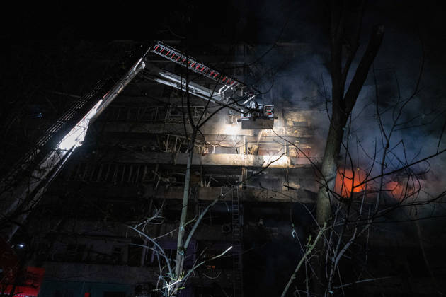 Ballistic missile strikes next to nine-story residential building in Desnianskyi district of Kyiv A rescuer on an aerial platform extinguishes a fire that broke out following a Russian missile strike on a nine-story residential building in Kyiv’s Desnianskyi district, Ukraine, on October 14, 2026. Russia launched a massive ballistic missile attack on the capital. Three women were killed and 19 other people were injured in the Desnianskyi district, including a seven-year-old girl. Apartments in the nine-story building were also damaged from the first through the eighth floor, Credit:Danylo Antoniuk Ukrinform Avalon Ukraine, Kyiv  Copyright: xDanyloxAntoniukx xUkrinformx xAvalonx 1143212321