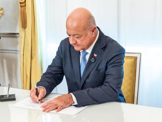 October 14, 2026: Press Conference on Industrial Strategy—Chancellor Christian Stocker (ÖVP) on October 14, 2026, at the press conference marking the signing of the Made in Europe Declaration at the Federal Chancellery in Vienna, Vienna, Austria