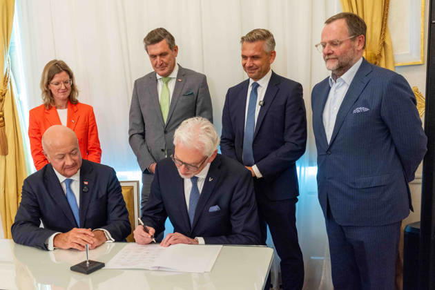 October 14, 2026: Press Conference on the Central Industrial Strategy—Federal Chancellor Christian Stocker (ÖVP), CEO Michael Strugl (Verbund), CFO Manuela Waldner (ÖBB),