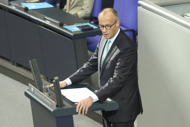 Friedrich Merz at the session of the German Bundestag on October 14, 2026, in Berlin; Chancellor Merz delivering the government statement to the German Bundestag