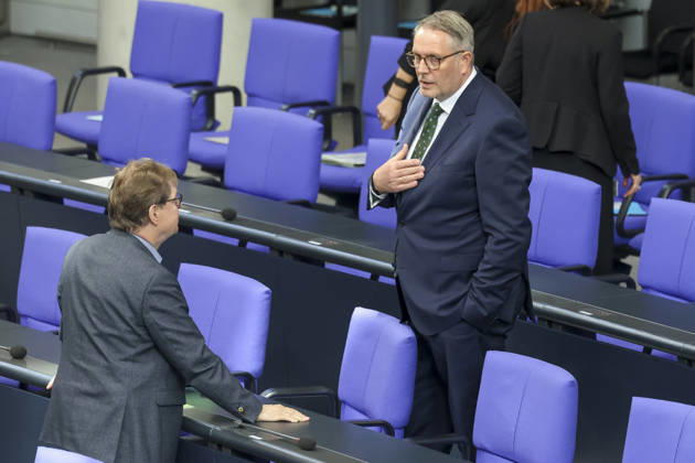 Ralf Stegner and Alexander Schweitzer at the session of the German Bundestag on October 14, 2026, in Berlin; Chancellor Merz delivering the government’s policy statement to the German Bundestag