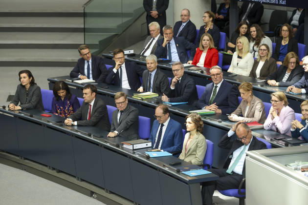 Federal Cabinet, Federal Ministers, including Merz, at the session of the German Bundestag on October 14, 2026, in Berlin; Federal Chancellor Merz delivering a government statement to the German Bundestag