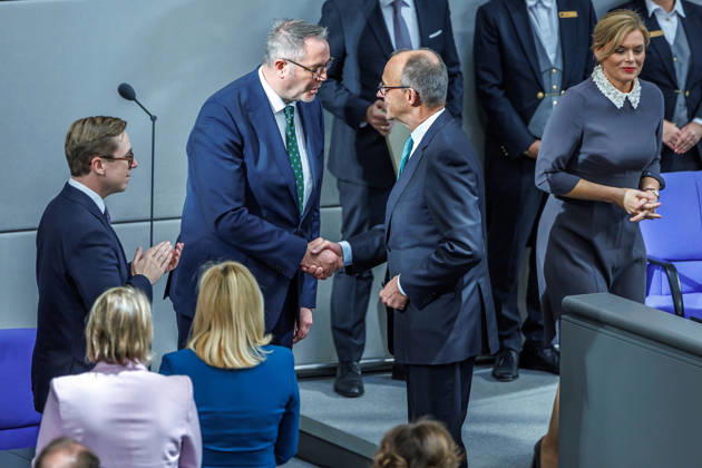 Bundestag: Federal Chancellor Friedrich Merz (CDU) and Alexander Schweitzer (SPD), Federal Minister of Labor and Social Affairs, after being sworn in at the German Bundestag on October 14, 2026, in Berlin, Berlin, Berlin, Germany, Bundestag