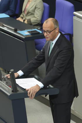 Friedrich Merz at the session of the German Bundestag on October 14, 2026, in Berlin; Chancellor Merz delivering the government statement to the German Bundestag