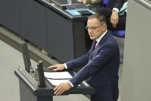 Tino Chrupalla at the session of the German Bundestag on October 14, 2026, in Berlin; Chancellor Merz delivering the government s policy statement to the German Bundestag