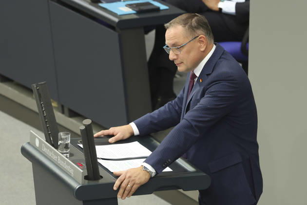 Tino Chrupalla at the session of the German Bundestag on October 14, 2026, in Berlin; Chancellor Merz delivering the government s policy statement to the German Bundestag