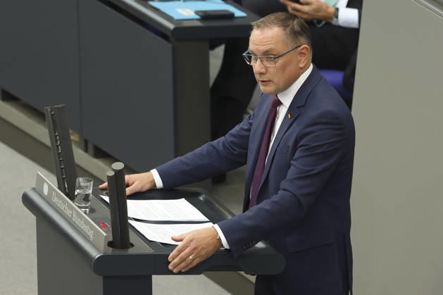 Tino Chrupalla at the session of the German Bundestag on October 14, 2026, in Berlin; Chancellor Merz delivering the government s policy statement to the German Bundestag