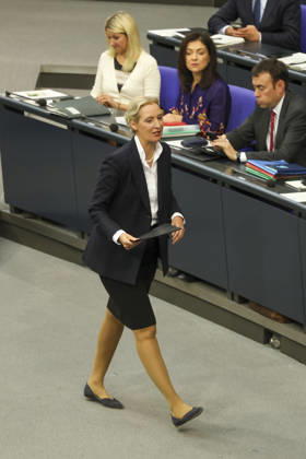 Alice Weidel at the session of the German Bundestag on October 14, 2026, in Berlin; Chancellor Merz delivering the government’s policy statement to the German Bundestag