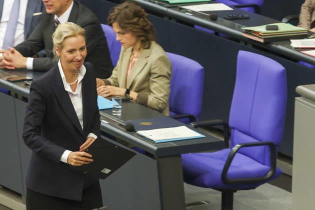 Alice Weidel at the session of the German Bundestag on October 14, 2026, in Berlin; Chancellor Merz delivering the government’s policy statement to the German Bundestag