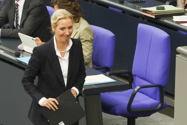 Alice Weidel at the session of the German Bundestag on October 14, 2026, in Berlin; Chancellor Merz delivering the government’s policy statement to the German Bundestag