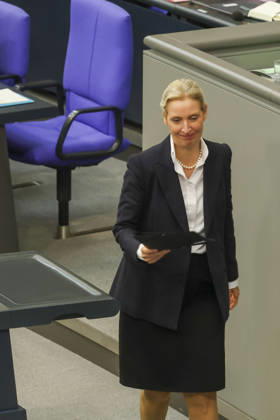 Alice Weidel at the session of the German Bundestag on October 14, 2026, in Berlin; Chancellor Merz delivering the government’s policy statement to the German Bundestag