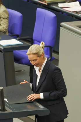Alice Weidel at the session of the German Bundestag on October 14, 2026, in Berlin; Chancellor Merz delivering the government’s policy statement to the German Bundestag