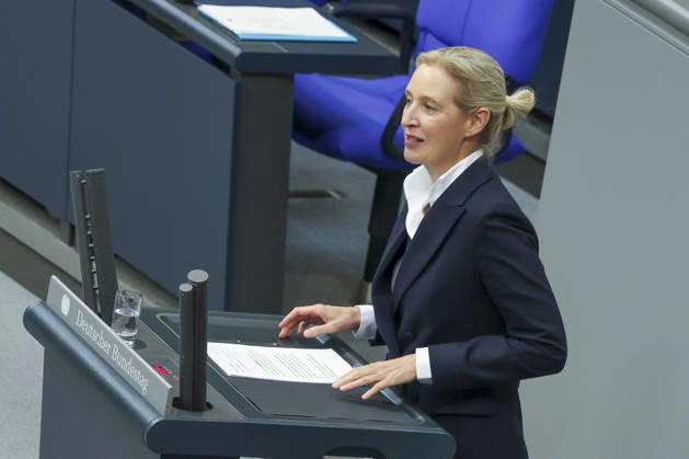 Alice Weidel at the session of the German Bundestag on October 14, 2026, in Berlin; Chancellor Merz delivering the government’s policy statement to the German Bundestag