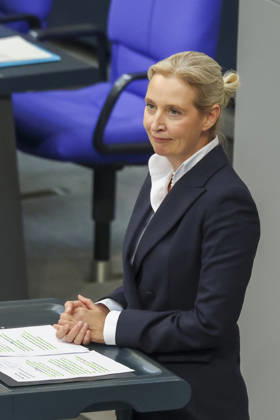 Alice Weidel at the session of the German Bundestag on October 14, 2026, in Berlin; Chancellor Merz delivering the government’s policy statement to the German Bundestag