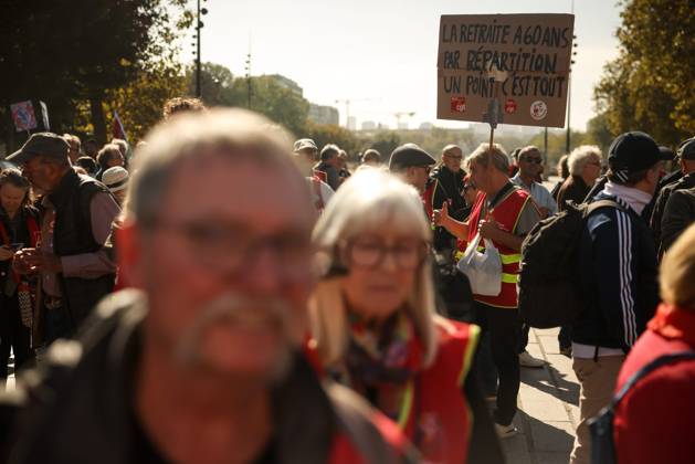 PENSION PROTEST Thomas Padilla MAXPPP Paris FRANCE October 14, 2026 PROTEST IN DEFENSE OF PENSIONS NEAR THE AGIRC ARRCO HEADQUARTERS—a demonstration called by the CGT trade union to demand that supplemental pensions be indexed to inflation following the 2026 freeze, between Place de la Bastille and the headquarters of the Agirc Arrco pension scheme, in Paris, on October 14, 2026, Paris, FRANCE  Copyright: xMAXPPPxThomasxPadillax TPA261014012 TPA261014012