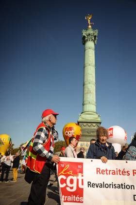 PENSION PROTEST Thomas Padilla MAXPPP Paris FRANCE October 14, 2026 PROTEST IN DEFENSE OF PENSIONS NEAR THE AGIRC ARRCO HEADQUARTERS—a demonstration called by the CGT trade union to demand that supplemental pensions be indexed to inflation following the 2026 freeze, between Place de la Bastille and the headquarters of the Agirc Arrco pension scheme, in Paris, on October 14, 2026, Paris, FRANCE  Copyright: xMAXPPPxThomasxPadillax TPA261014016 TPA261014016
