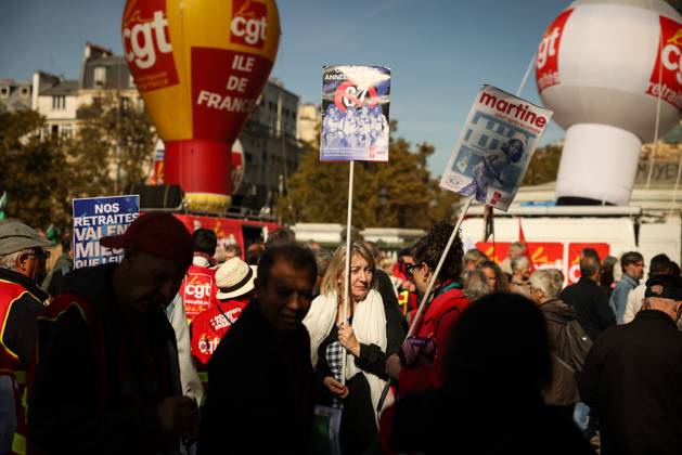 PENSION PROTEST Thomas Padilla MAXPPP Paris FRANCE October 14, 2026 PROTEST IN DEFENSE OF PENSIONS NEAR THE AGIRC ARRCO HEADQUARTERS—a demonstration called by the CGT trade union to demand that supplemental pensions be indexed to inflation following the 2026 freeze, between Place de la Bastille and the headquarters of the Agirc Arrco pension scheme, in Paris, on October 14, 2026, Paris, FRANCE  Copyright: xMAXPPPxThomasxPadillax TPA261014017 TPA261014017