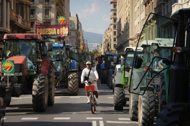 Tractor Rally for Agriculture in Barcelona: Protesters during a rally of tractors from various parts of Catalonia in front of the Government Delegation and statements, on October 14, 2026, in Barcelona, Catalonia, Spain. The demonstration, organized by Unió de Pagesos with the support of Asaja, FCAC, and Revolta Pagesa, denounces the structural crisis in the agricultural sector in Barcelona. October 14, 2026, Spain  Copyright: xDavidxZorrakinox 7845004