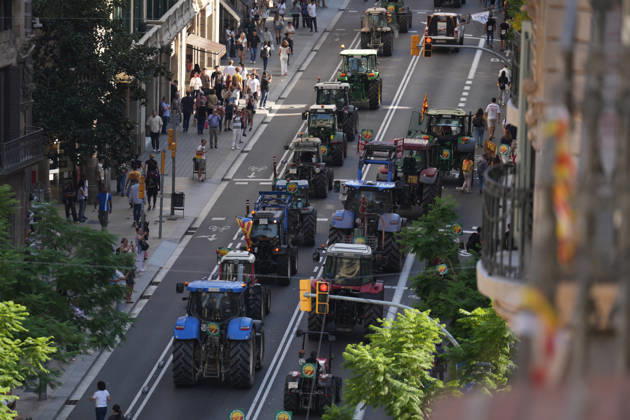 Tractor Rally for Agriculture in Barcelona: Protesters during a rally of tractors from various parts of Catalonia in front of the Government Delegation and statements, on October 14, 2026, in Barcelona, Catalonia, Spain. The demonstration, organized by Unió de Pagesos with the support of Asaja, FCAC, and Revolta Pagesa, denounces the structural crisis in the agricultural sector in Barcelona. OCTOBER 14, 2026, Spain  Copyright: xDavidxZorrakinox 7845000
