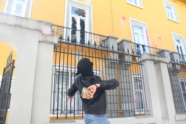 Clashes erupt outside Ministry of Education in Tirana during student protest over academic conditions TIRANA, ALBANIA - OCTOBER 14: University students stage protest outside the Ministry of Education building in Tirana, Albania, on October 14, 2026. A protest organized by university students demanding improvements to educational infrastructure and funding escalated into violent clashes as civic supporters joined the crowds. Demonstrators hurled Molotov cocktails, stones, and improvised projectiles at the ministry and law enforcement officers, setting fire to trash containers. In response, law enforcement officers used water cannons and tear gas to disperse the protesters. Olsi Shehu Anadolu Tirana Albania. Editorial use only. Please get i  Copyright: x2026xAnadoluxOlsixShehux