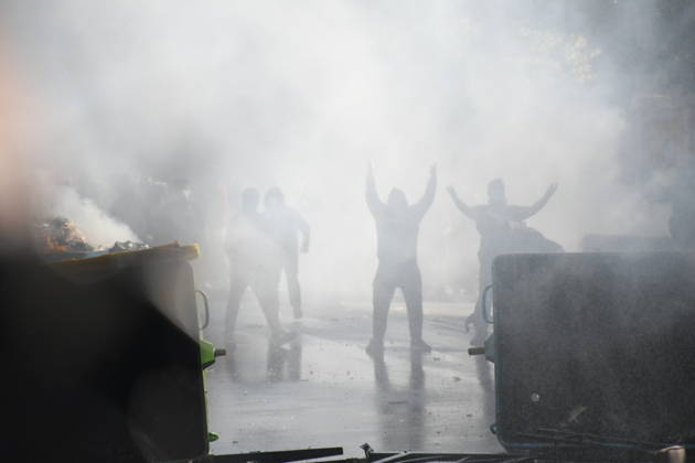 Clashes erupt outside Ministry of Education in Tirana during student protest over academic conditions TIRANA, ALBANIA - OCTOBER 14: University students stage protest outside the Ministry of Education building in Tirana, Albania, on October 14, 2026. A protest organized by university students demanding improvements to educational infrastructure and funding escalated into violent clashes as civic supporters joined the crowds. Demonstrators hurled Molotov cocktails, stones, and improvised projectiles at the ministry and law enforcement officers, setting fire to trash containers. In response, law enforcement officers used water cannons and tear gas to disperse the protesters. Olsi Shehu Anadolu Tirana Albania. Editorial use only. Please get i  Copyright: x2026xAnadoluxOlsixShehux