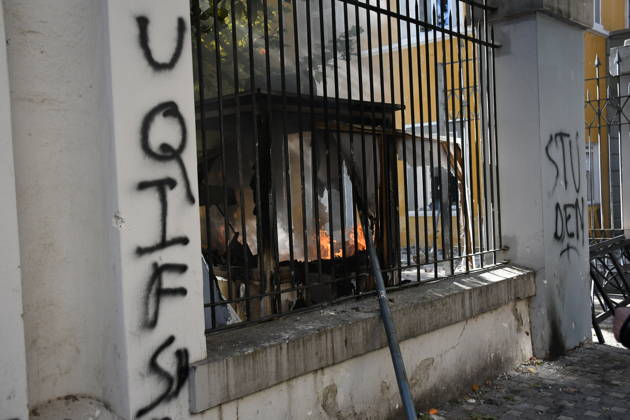Clashes erupt outside Ministry of Education in Tirana during student protest over academic conditions TIRANA, ALBANIA - OCTOBER 14: University students stage protest outside the Ministry of Education building in Tirana, Albania, on October 14, 2026. A protest organized by university students demanding improvements to educational infrastructure and funding escalated into violent clashes as civic supporters joined the crowds. Demonstrators hurled Molotov cocktails, stones, and improvised projectiles at the ministry and law enforcement officers, setting fire to trash containers. In response, law enforcement officers used water cannons and tear gas to disperse the protesters. Olsi Shehu Anadolu Tirana Albania. Editorial use only. Please get i  Copyright: x2026xAnadoluxOlsixShehux
