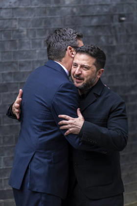 October 14, 2026, London, London, UK: LONDON, UK. Volodymyr Zelensky, President of Ukraine, visits Downing Street for talks with Andy Burnham, Prime Minister, who will underline the UK s rock-solid support for Ukraine as long as it takes. The 12th Company Irish Guards stood either side of the door of Number 10. London UK  - ZUMAl94_ 20261014_zaf_l94_039 Copyright: xStephenxChungx